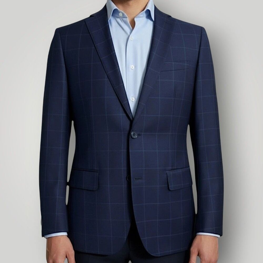 MANTONI Mens Blazer Sport Coat Two Button Jacket 40R Navy Wool Windowpane Plaid